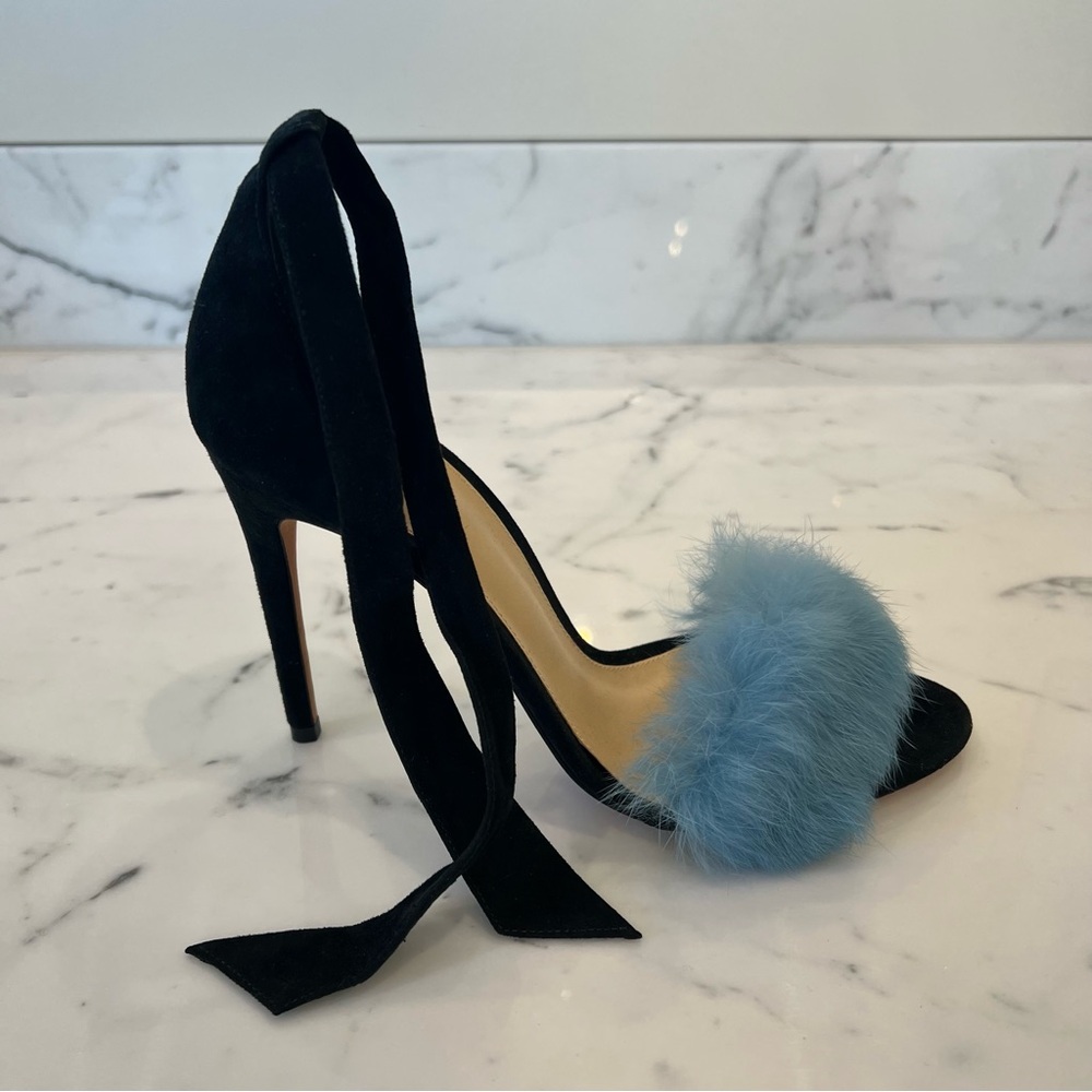 Alexandre Birman Black and Blue Fur Sandals
 size 7 1/2